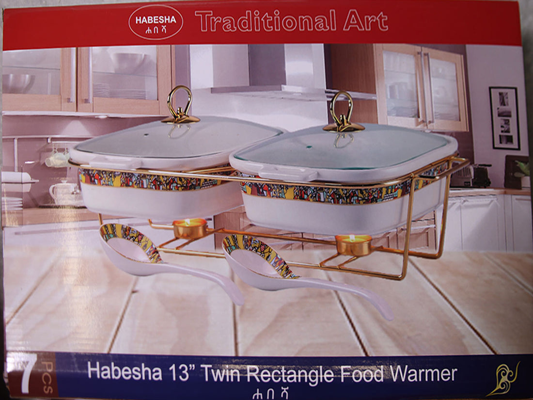 13" Twin Square food warmer &amp; Spoon 2L (2 አራት ማዕዘን የምግብ ማሞቂያ ከጭልፋ ጋር) 2L